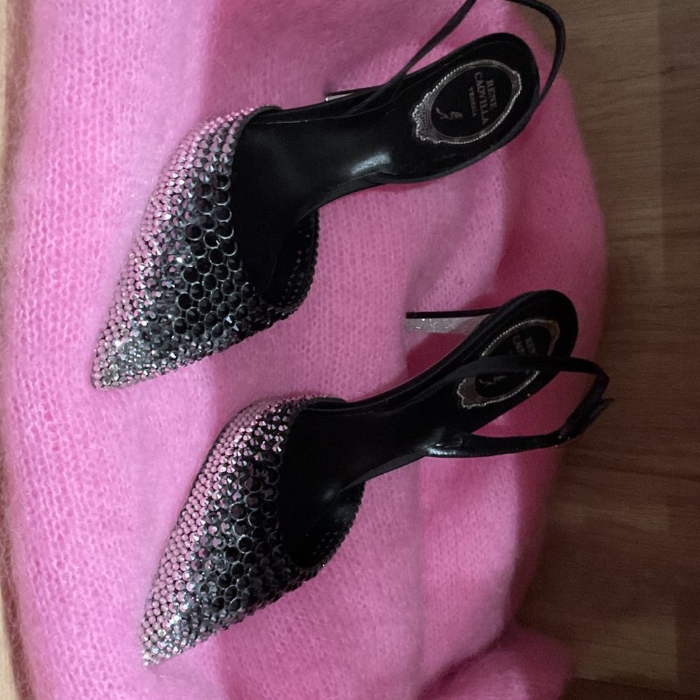 Rene Caovilla Black and Pink Crystal Heels